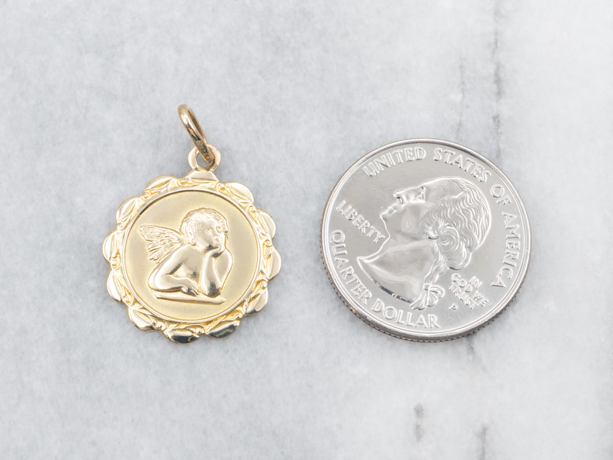 Yellow Gold Cherub Disc Pendant with Scalloped Edge