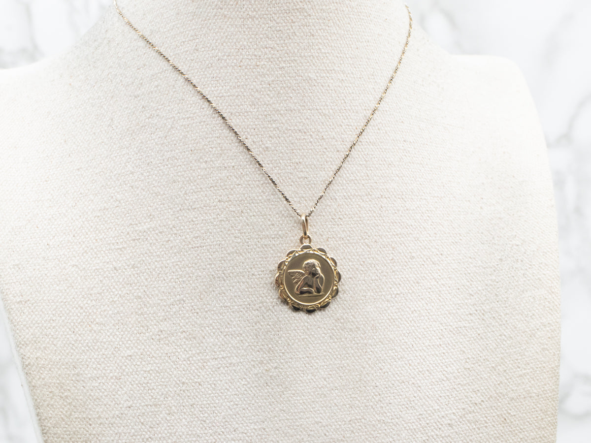 Yellow Gold Cherub Disc Pendant with Scalloped Edge