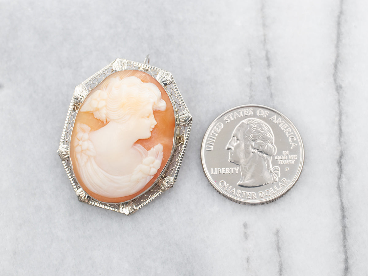 White Gold Oval Cut Cameo Brooch or Pendant with Filigree Frame