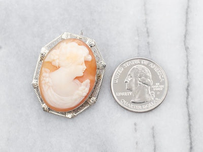 White Gold Oval Cut Cameo Brooch or Pendant with Filigree Frame