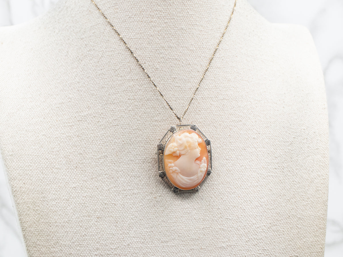 White Gold Oval Cut Cameo Brooch or Pendant with Filigree Frame