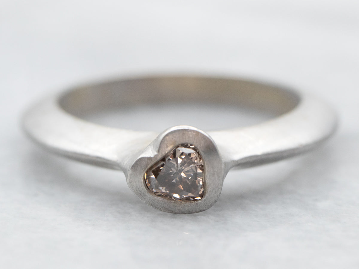 Matte White Gold Bezel Set Heart Shaped Champagne Diamond Solitaire Ring