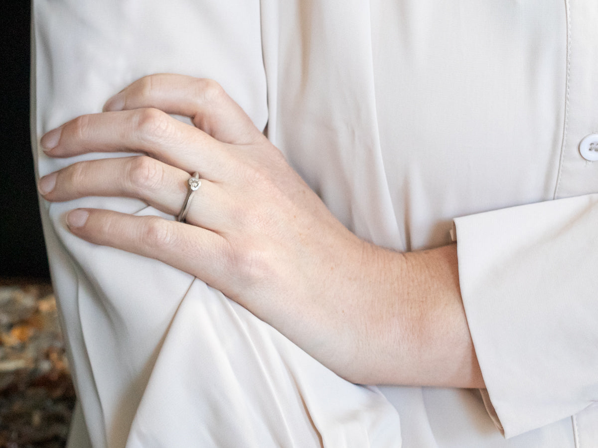 Matte White Gold Bezel Set Heart Shaped Champagne Diamond Solitaire Ring