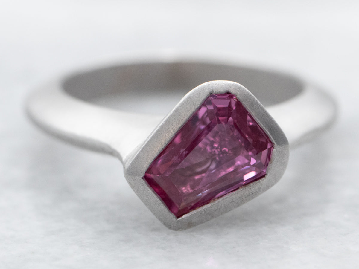 Matte White Gold Bezel Set Coffin Cut Pink Sapphire Solitaire Ring