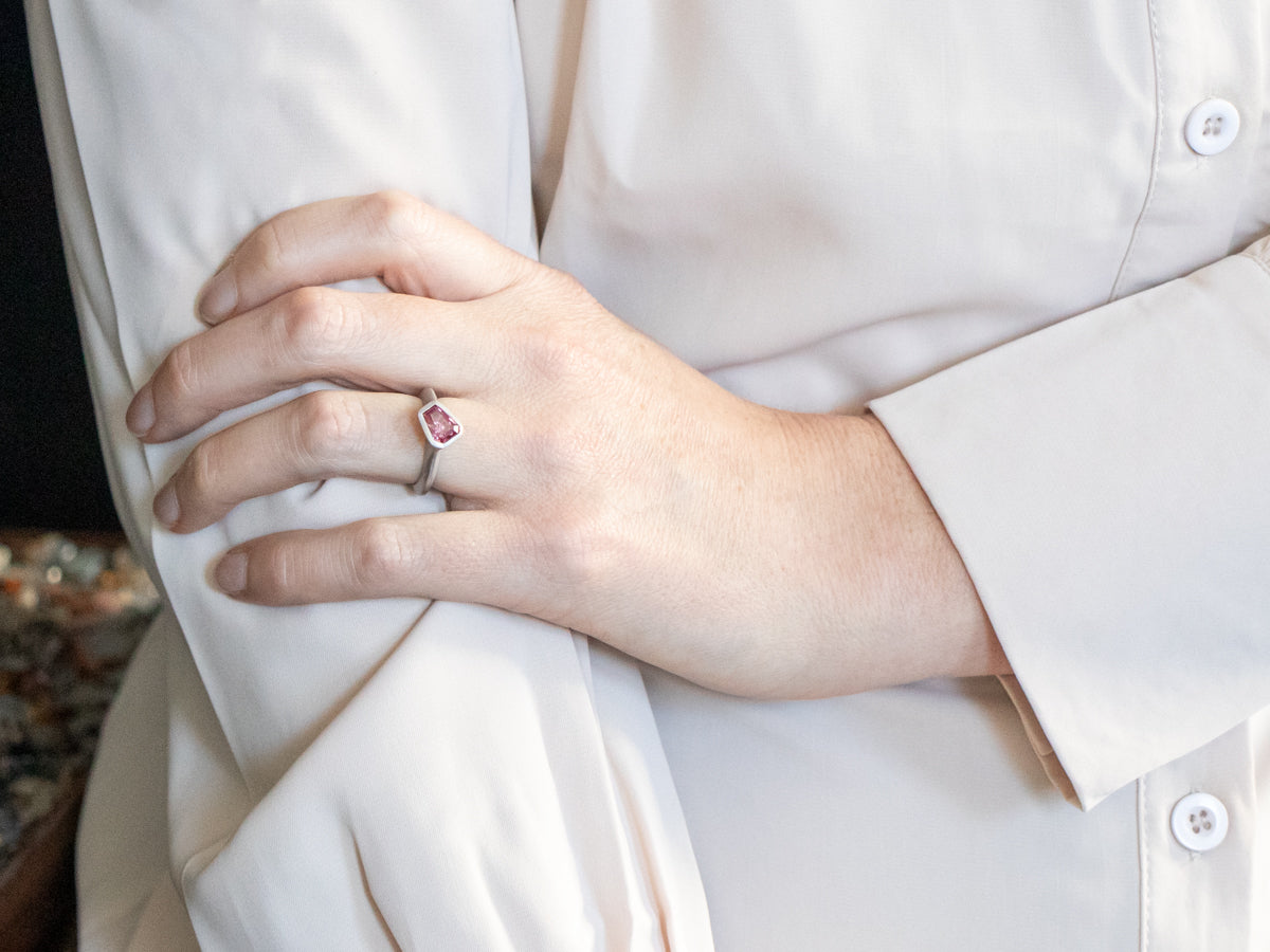 Matte White Gold Bezel Set Coffin Cut Pink Sapphire Solitaire Ring