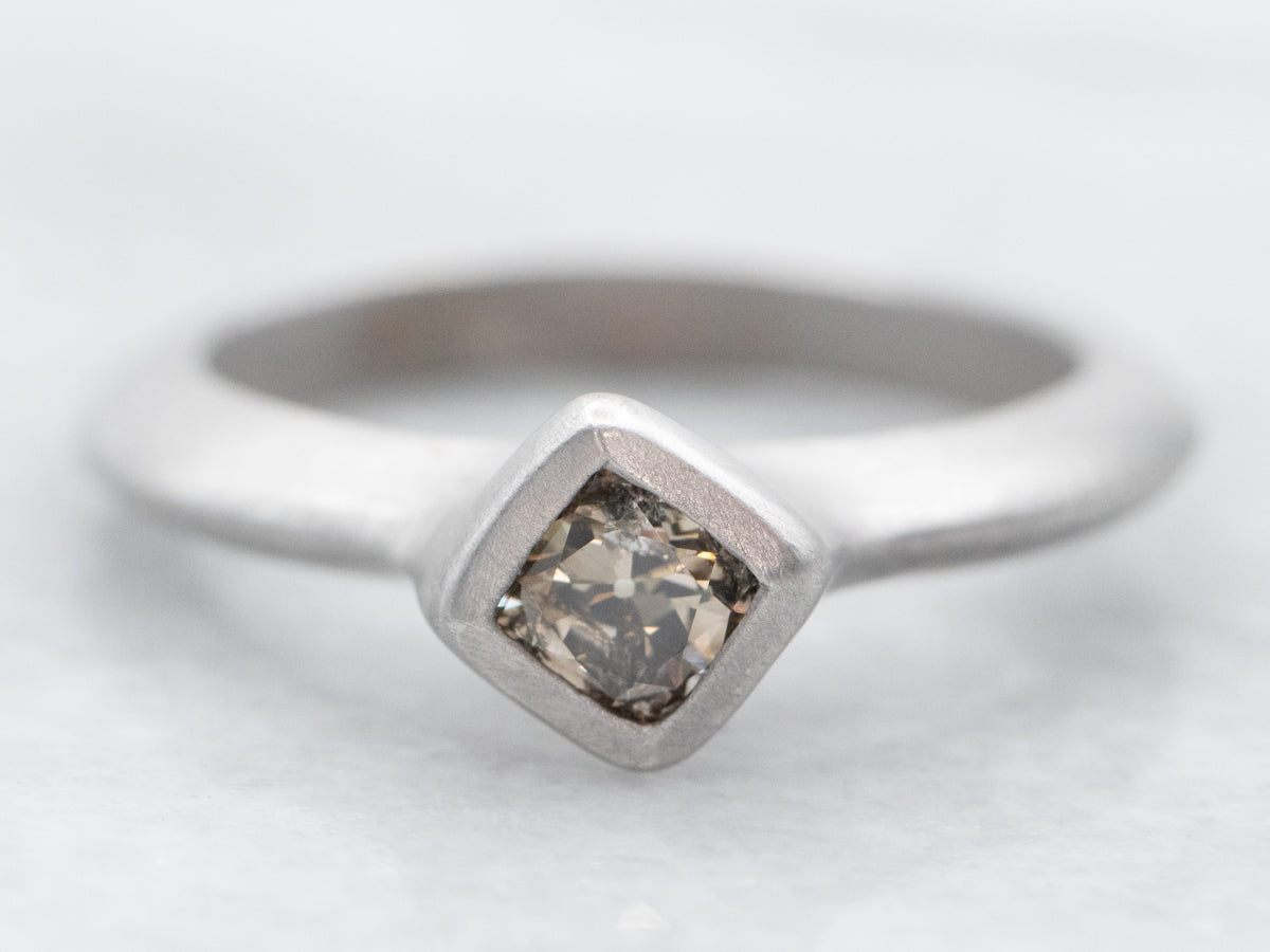 Matte White Gold Bezel Set Square Cut Champagne Diamond Solitaire Ring