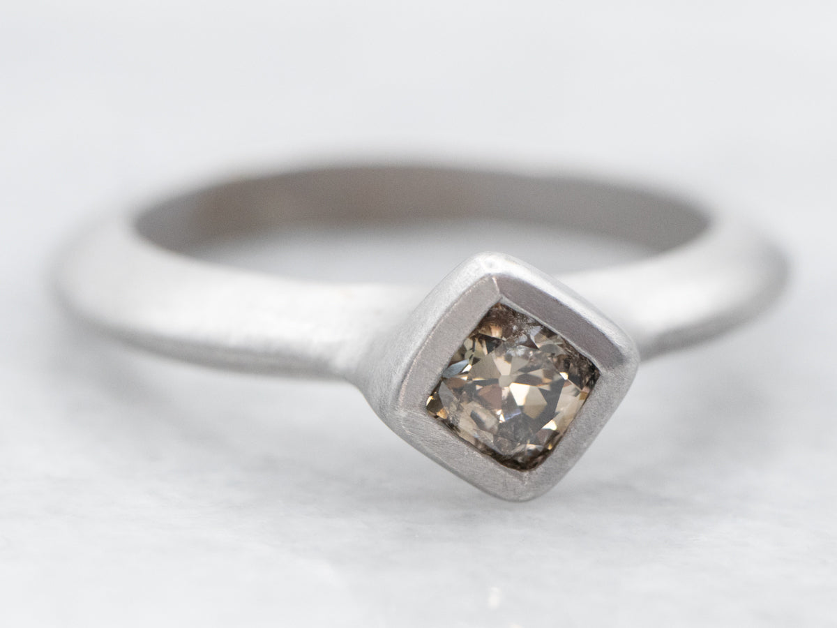 Matte White Gold Bezel Set Square Cut Champagne Diamond Solitaire Ring