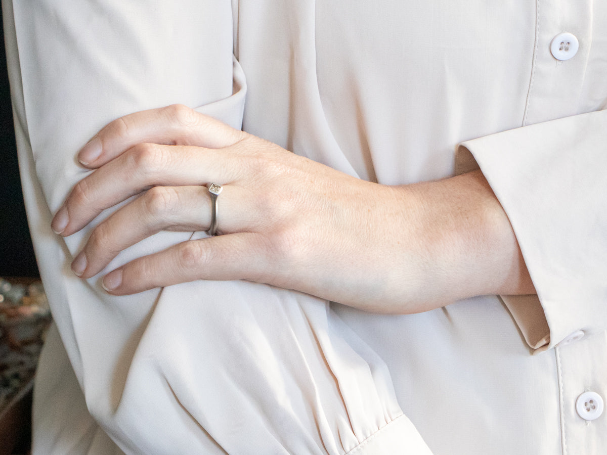 Matte White Gold Bezel Set Square Cut Champagne Diamond Solitaire Ring