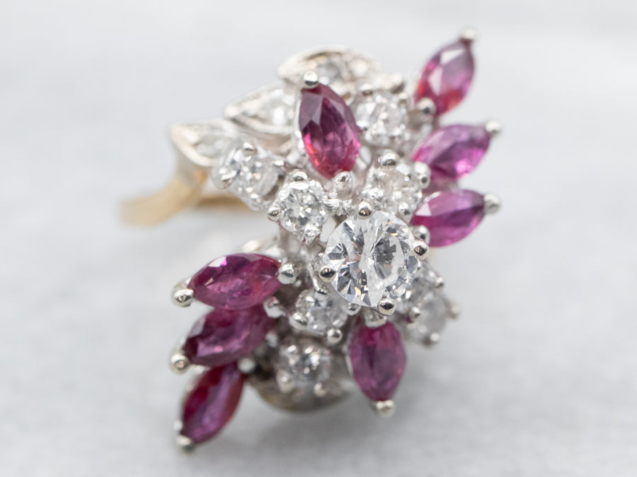 Two Tone Round Cut Diamond and Marquise Cut Ruby Cluster Bypass Ring