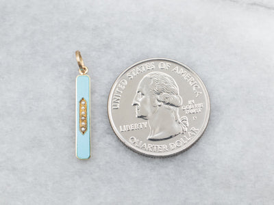 Yellow Gold Seed Pearl and Blue Enamel Bar Pendant