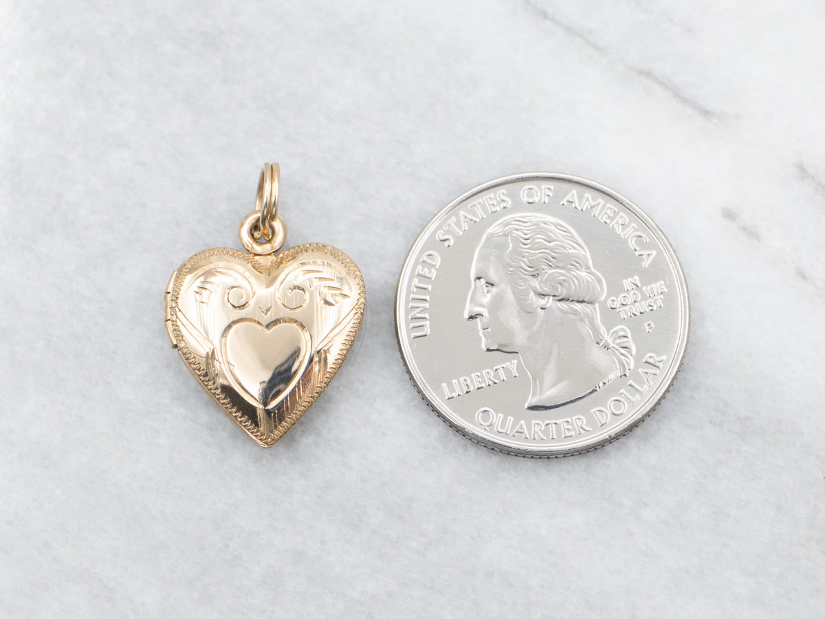 Yellow Gold Etched Heart Shaped Locket