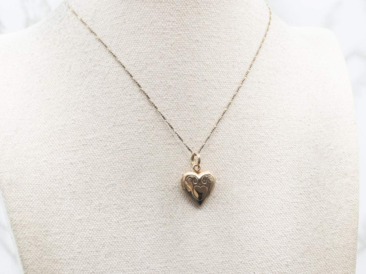 Yellow Gold Etched Heart Shaped Locket