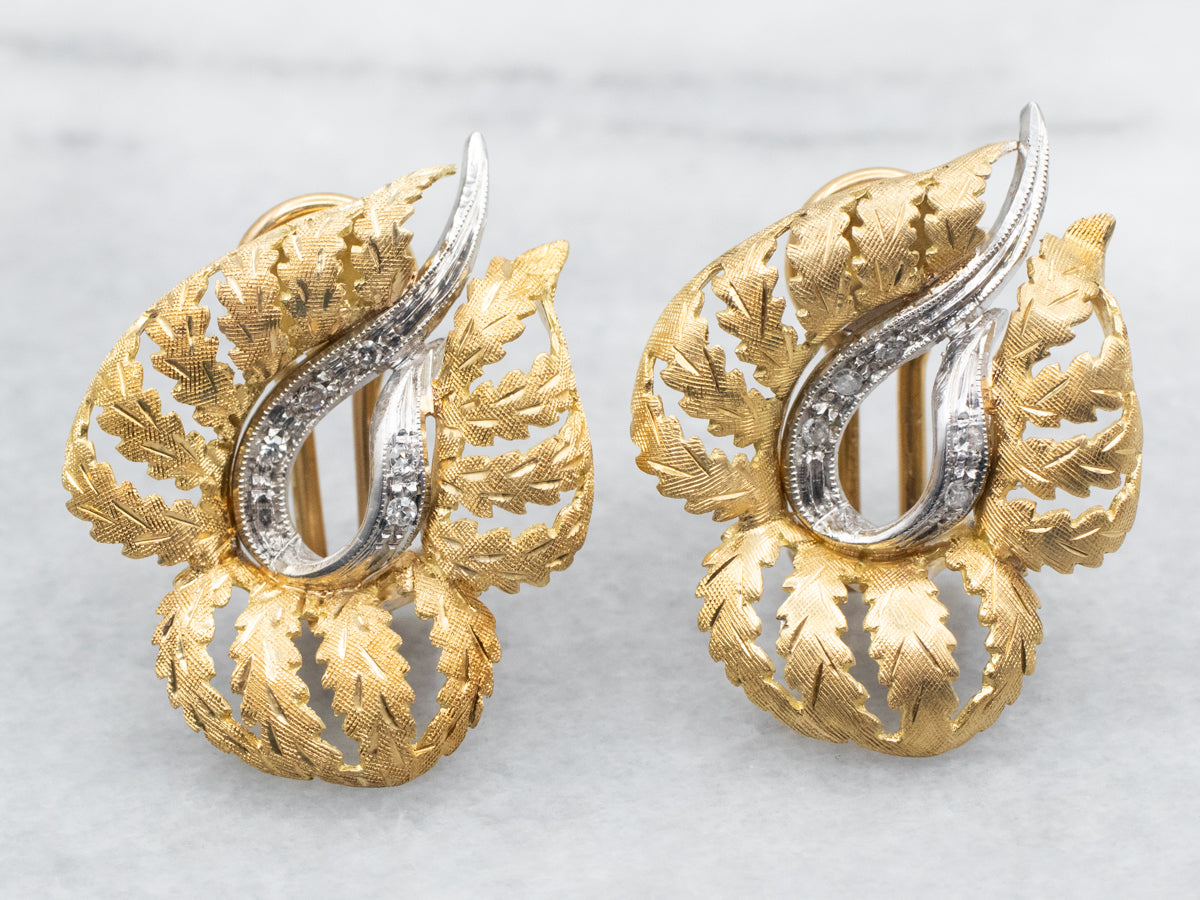 Yellow and White Gold Leaf Stud Earrings with Diamond Accents and Omeg