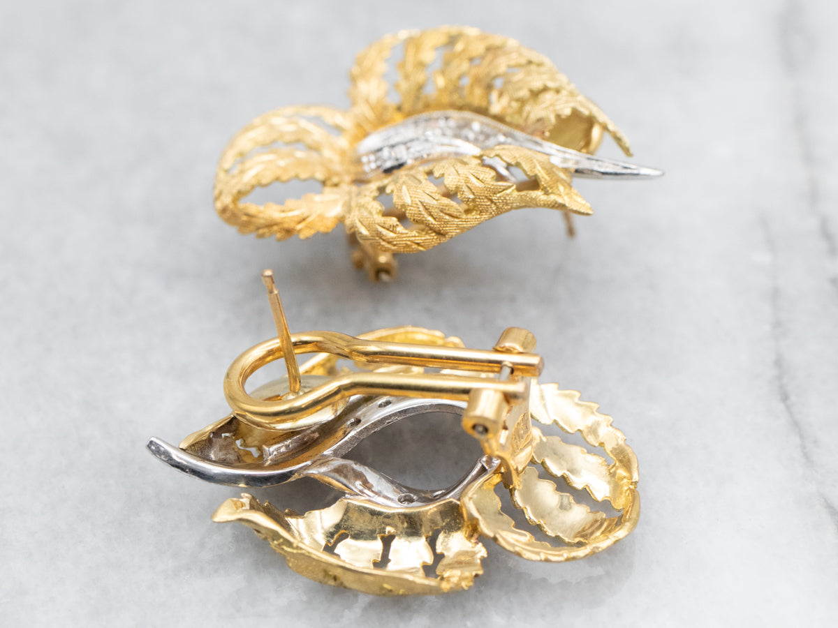 Yellow and White Gold Leaf Stud Earrings with Diamond Accents and Omega Backs