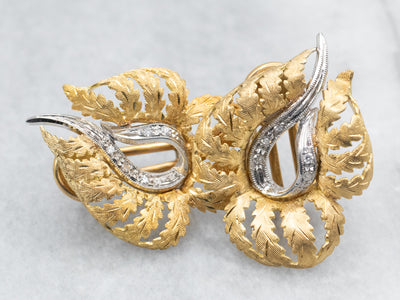 Yellow and White Gold Leaf Stud Earrings with Diamond Accents and Omega Backs