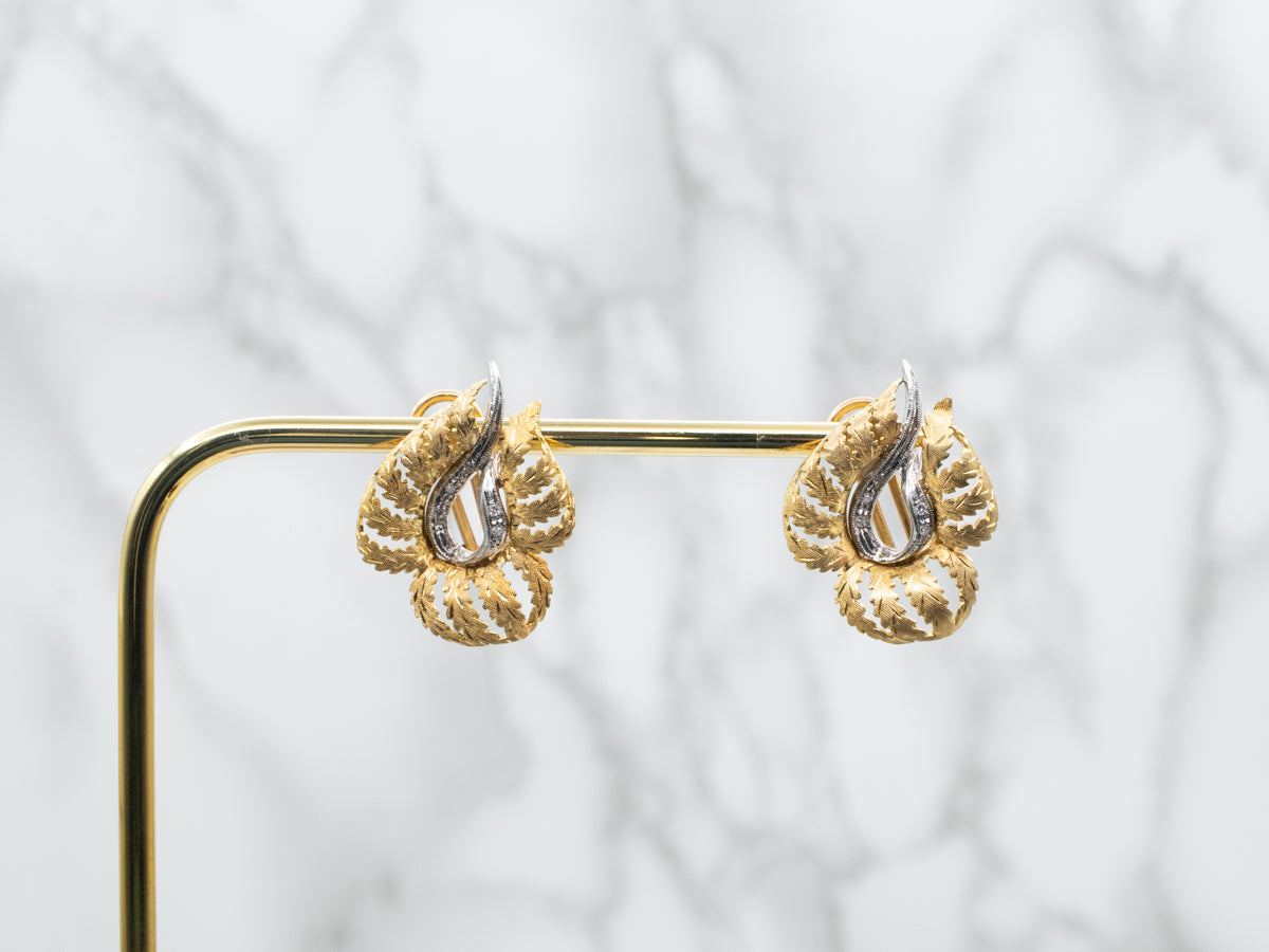 Yellow and White Gold Leaf Stud Earrings with Diamond Accents and Omega Backs
