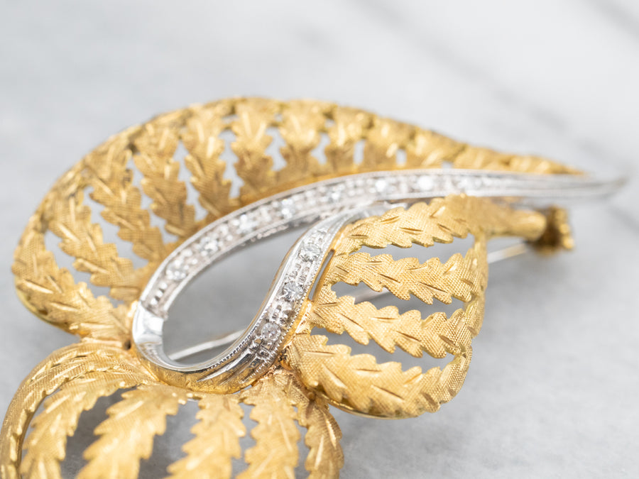 Yellow and White Gold Leaf Brooch with Diamond Accents