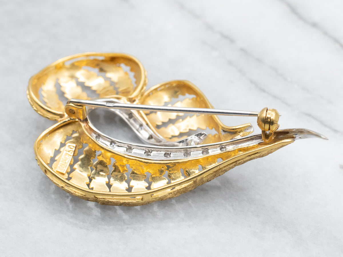Yellow and White Gold Leaf Brooch with Diamond Accents