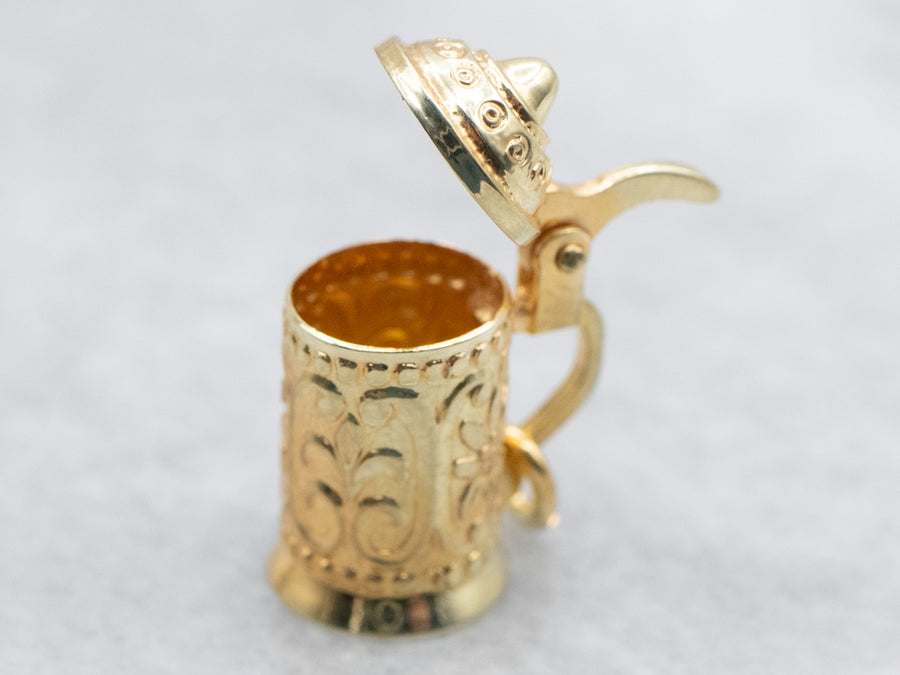 Yellow Gold Beer Stein Charm with Opening Lid