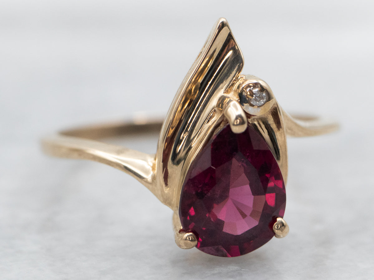 Yellow Gold Pear Cut Pink Tourmaline Bypass Ring with Diamond Accent