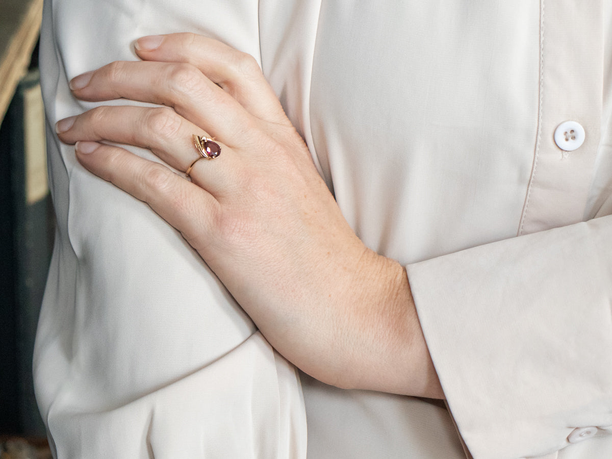 Yellow Gold Pear Cut Pink Tourmaline Bypass Ring with Diamond Accent