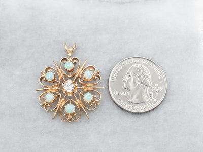 Yellow Gold European Cut Diamond and Opal Pendant