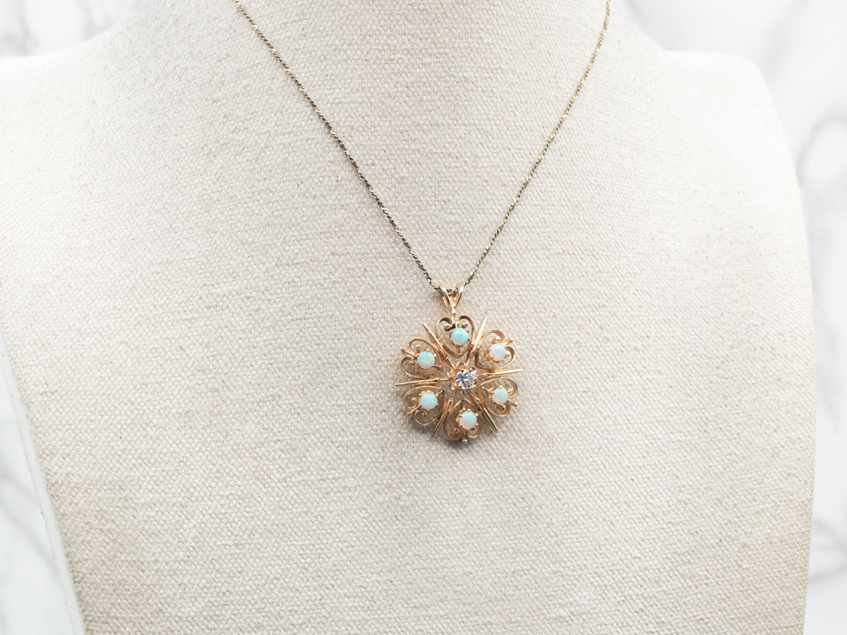 Yellow Gold European Cut Diamond and Opal Pendant