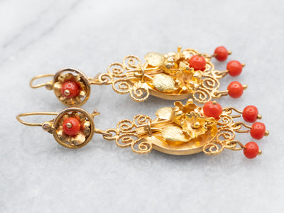 Yellow and Green Gold Red Coral Botanical Drop Earrings