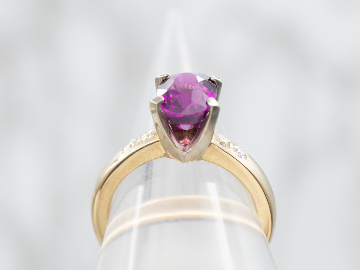 Yellow and White Gold Oval Cut Rhodolite Garnet Ring with Diamond Accents