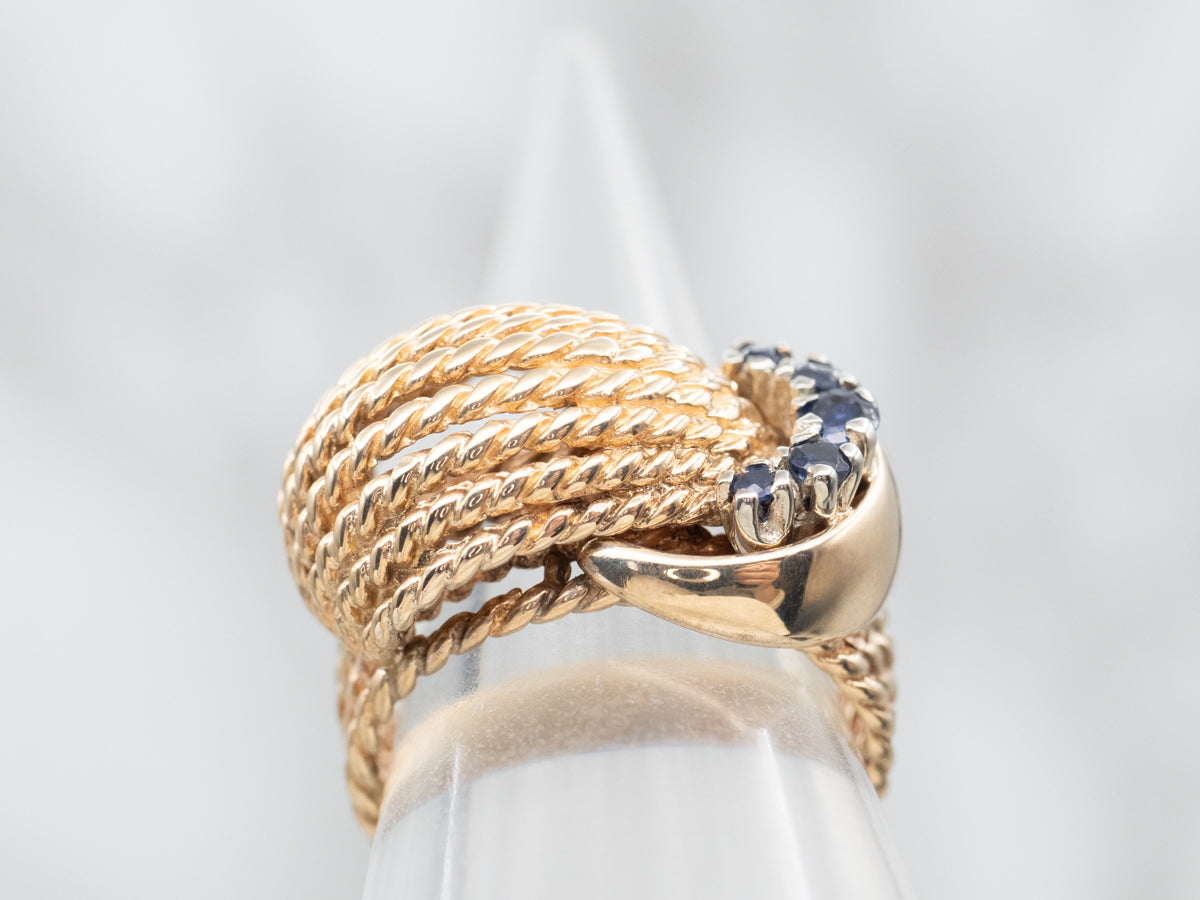 Yellow Gold Twisted Belt Buckle Ring with Sapphire Accents