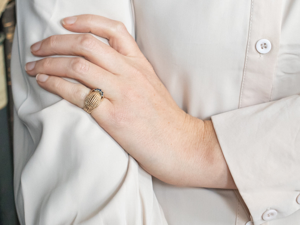 Yellow Gold Twisted Belt Buckle Ring with Sapphire Accents