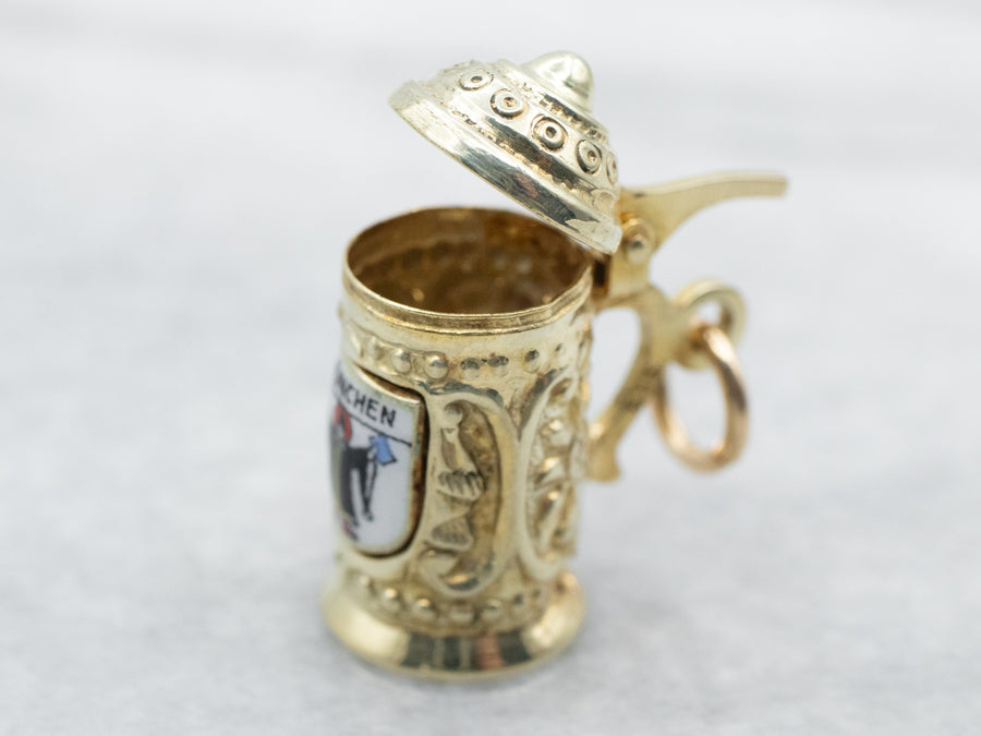 Yellow Gold Enamel Beer Stein Charm with Opening Lid