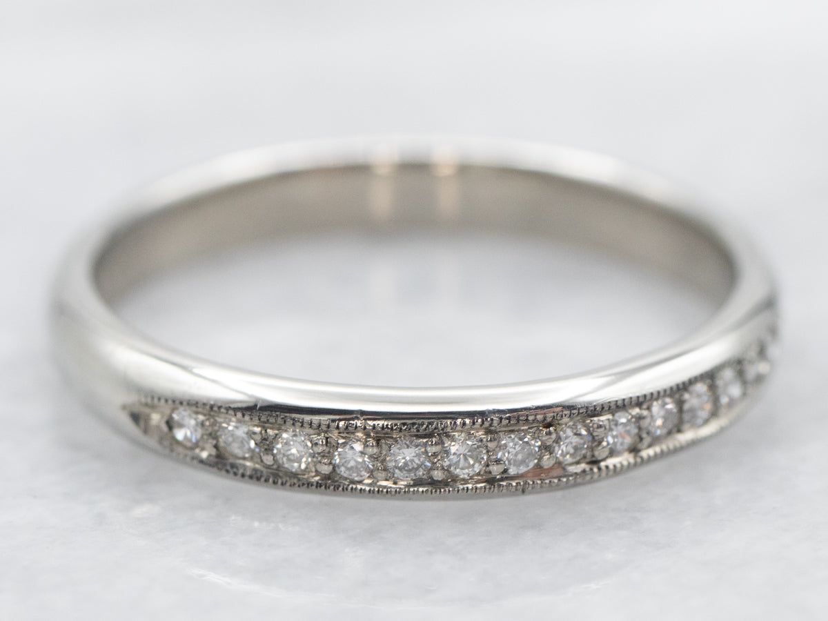 White Gold Pave Set Diamond Wedding Band with Milgrain Edge