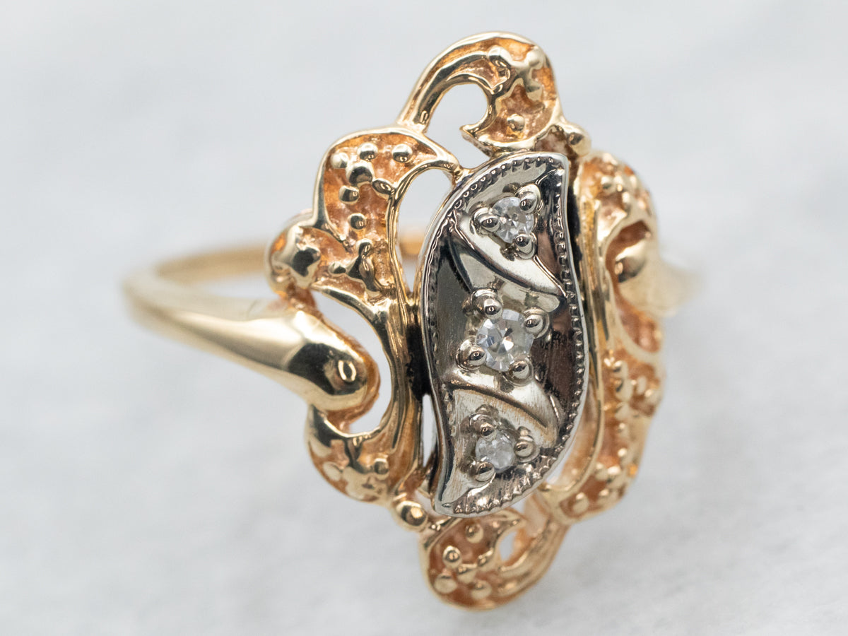 Yellow and White Gold Diamond Ring with Ornate Frame
