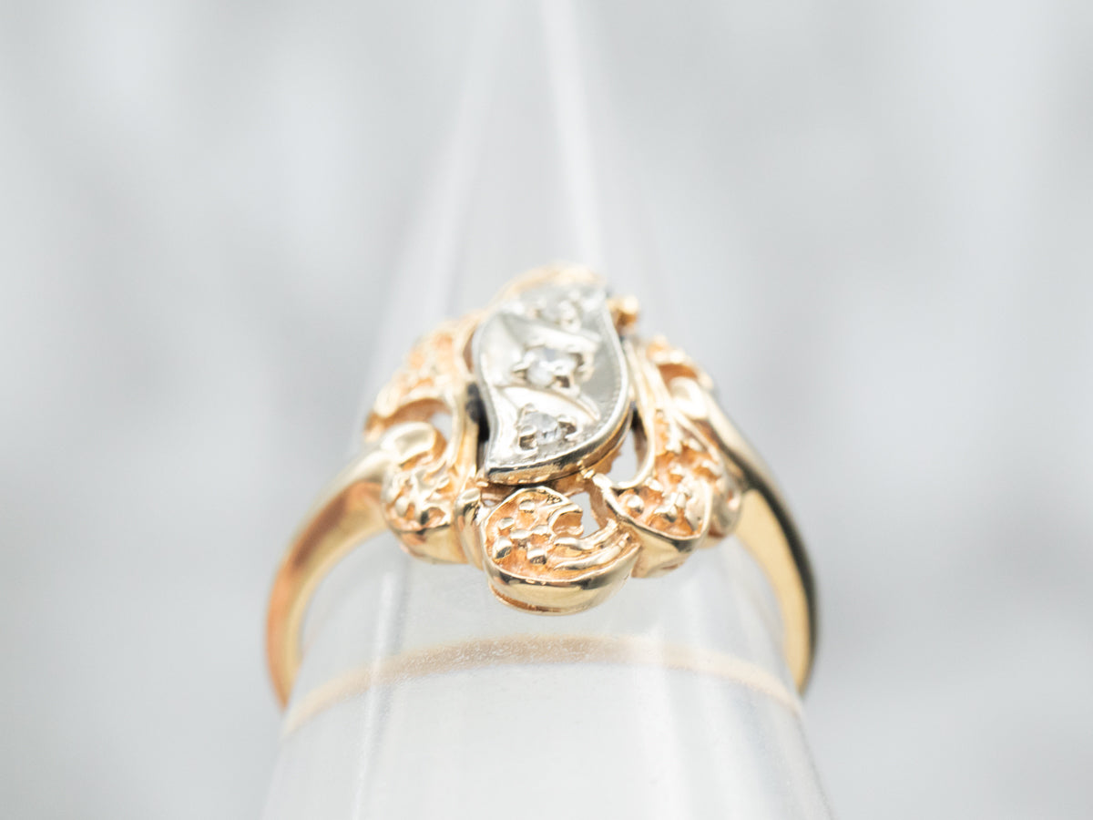 Yellow and White Gold Diamond Ring with Ornate Frame