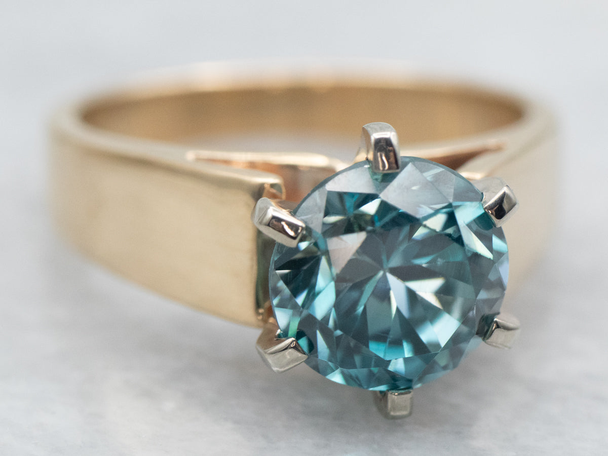 Yellow Gold Round Cut Blue Zircon Solitaire Ring