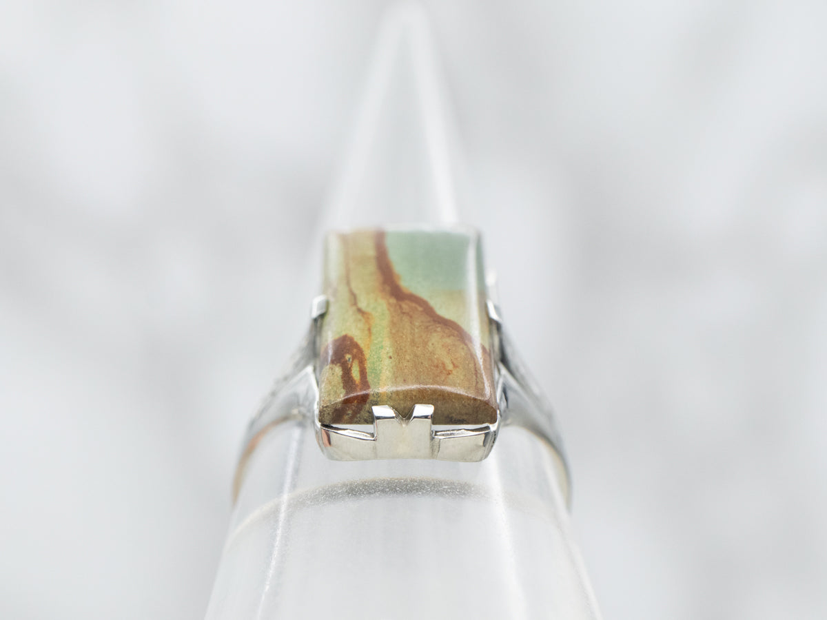 White Gold Rectangle Cut Jasper Ring