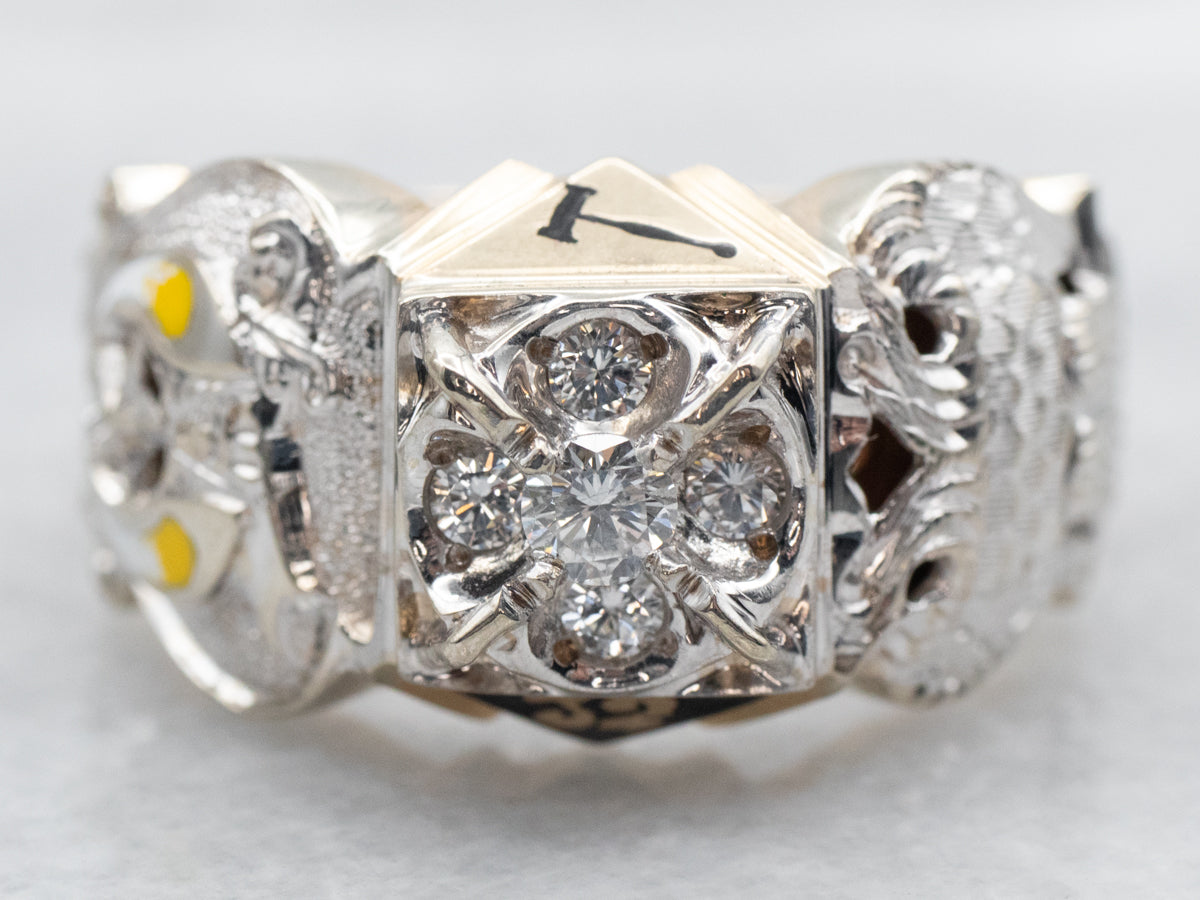 Yellow and White Gold Enamel and Diamond Cluster Masonic Ring
