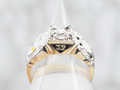 Yellow and White Gold Enamel and Diamond Cluster Masonic Ring