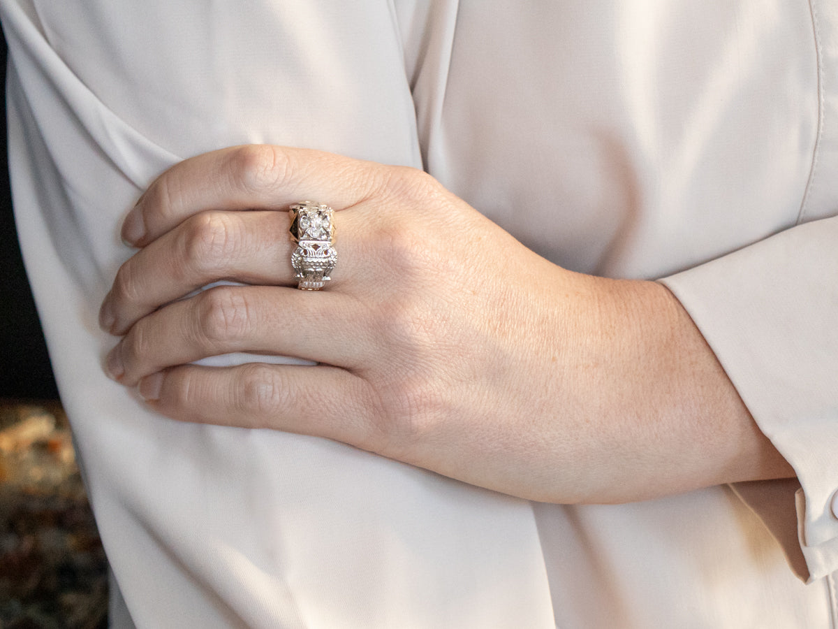 Yellow and White Gold Enamel and Diamond Cluster Masonic Ring
