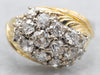 Yellow and White Gold Old Mine Cut Diamond Cluster Ring with Feather Accents
