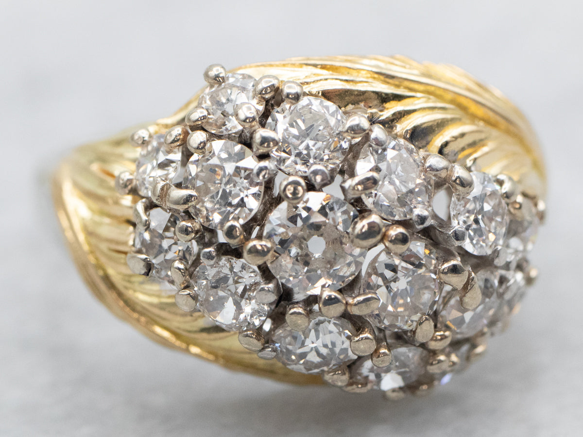 Yellow and White Gold Old Mine Cut Diamond Cluster Ring with Feather Accents