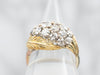 Yellow and White Gold Old Mine Cut Diamond Cluster Ring with Feather Accents