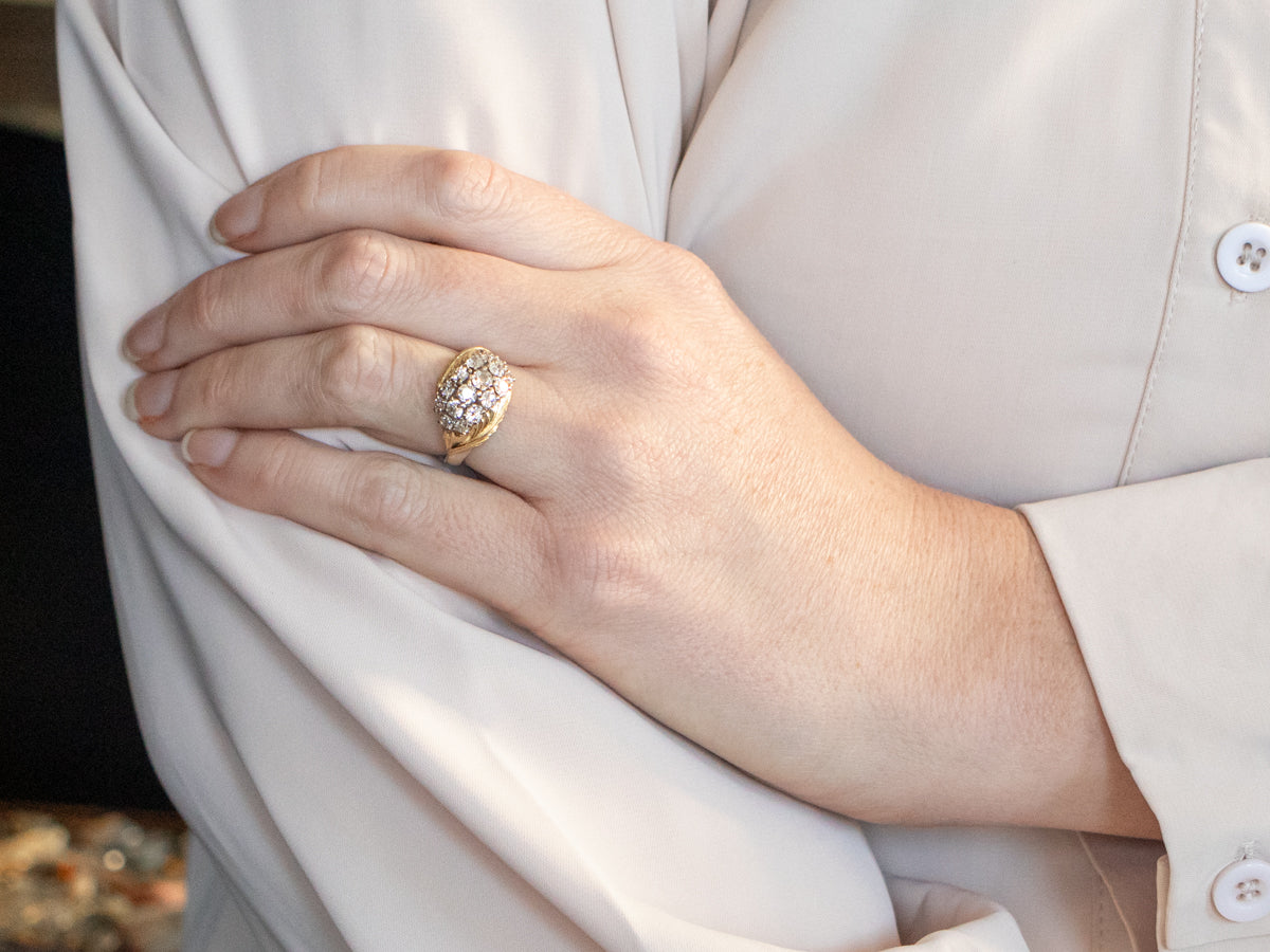 Yellow and White Gold Old Mine Cut Diamond Cluster Ring with Feather Accents