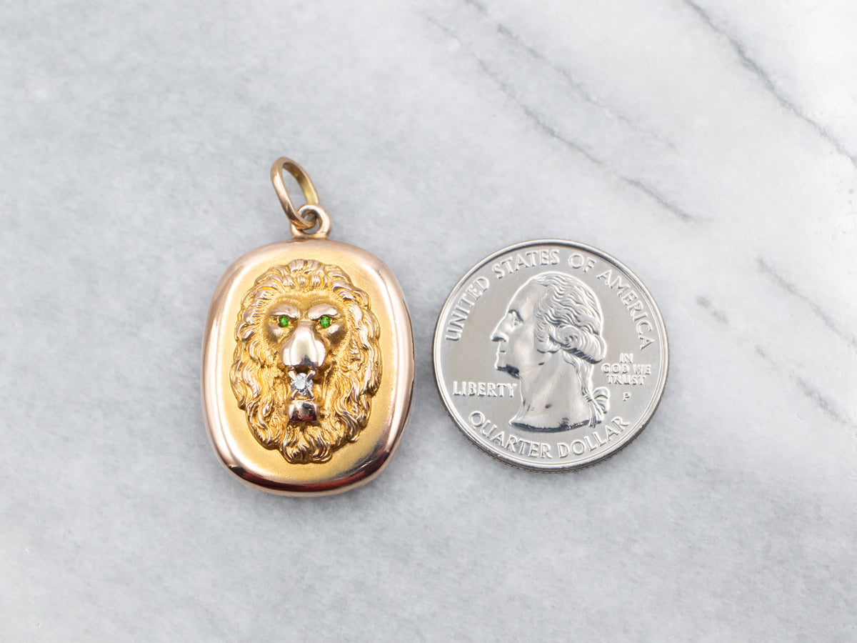 Yellow Gold Old Mine Cut Diamond and Demantoid Garnet Lion Locket with Monogram