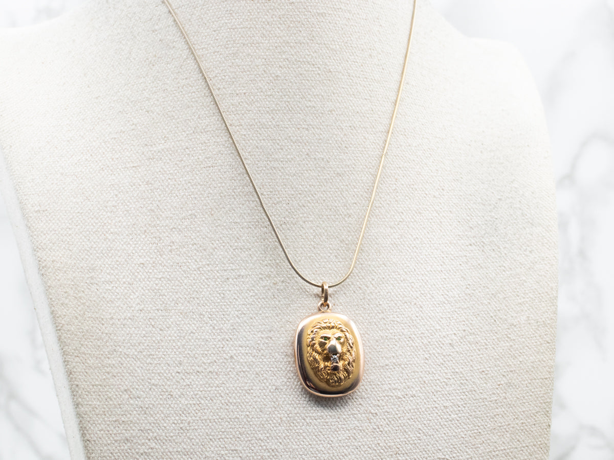 Yellow Gold Old Mine Cut Diamond and Demantoid Garnet Lion Locket with Monogram