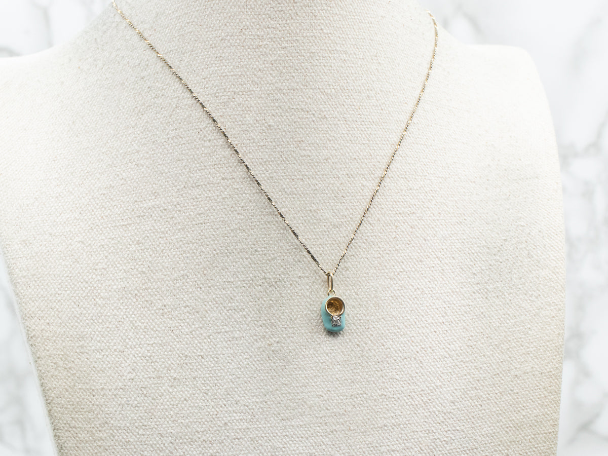 Yellow Gold Blue Enamel Baby Shoe Charm with Diamond Accent