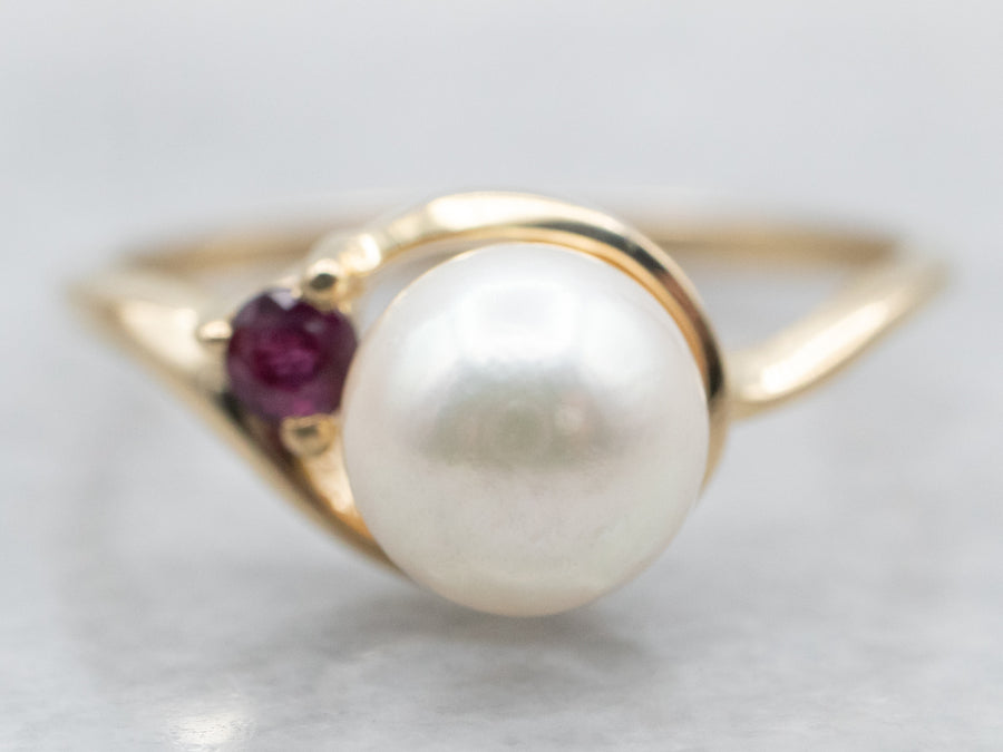 Yellow Gold Saltwater Pearl Bypass Ring with Ruby Accent