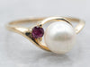 Yellow Gold Saltwater Pearl Bypass Ring with Ruby Accent