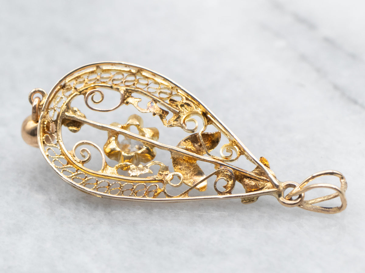 Yellow Gold Old Mine Cut Diamond Botanical Lavalier Pendant